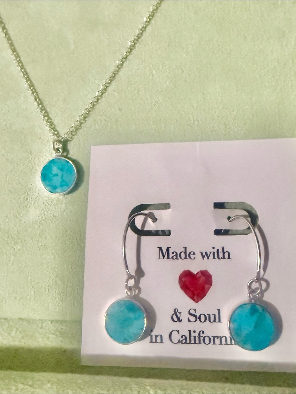 Turquoise Round Pendant Necklace and Drop Earrings Set - Blue Silver